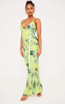 Multi Print Plisse Wrap Tie Maxi Dress