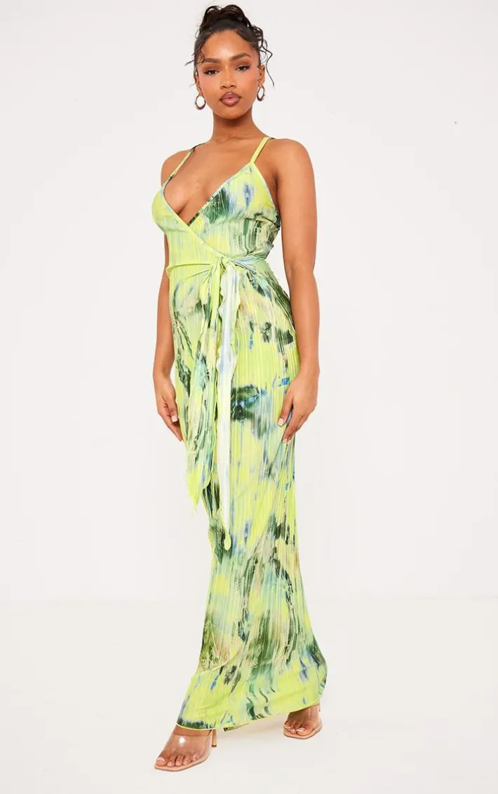 Multi Print Plisse Wrap Tie Maxi Dress
