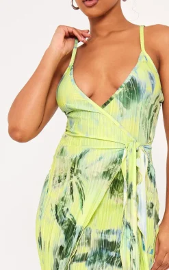 Multi Print Plisse Wrap Tie Maxi Dress