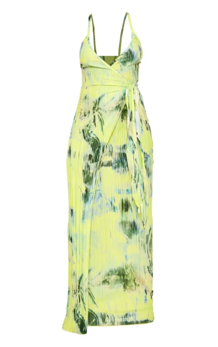 Multi Print Plisse Wrap Tie Maxi Dress
