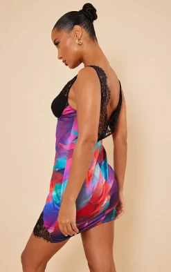 Multi Print Satin Contrast Lace Bust Detail Bodycon Dress