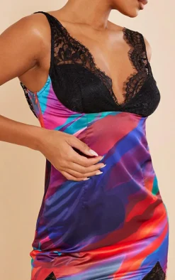 Multi Print Satin Contrast Lace Bust Detail Bodycon Dress