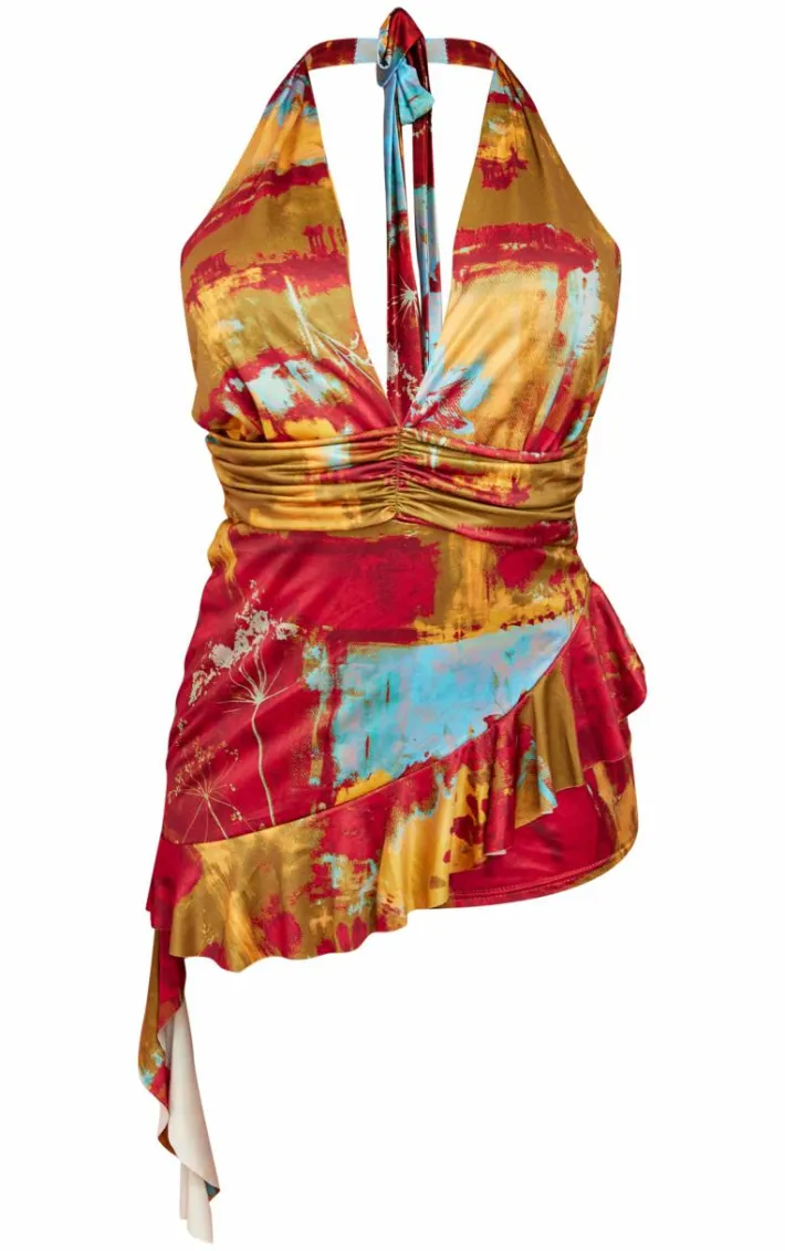 Multi Print Slinky Halterneck Drape Skort Romper