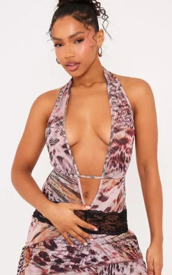 Multi Print Slinky Lace Panel Halter Neck Mini Dress