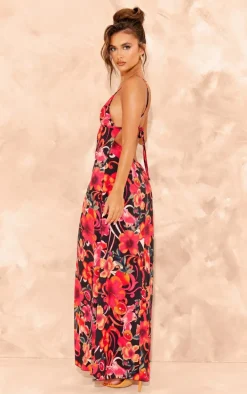 Multi Print Trim Detail Side Cut Out Maxi Dress