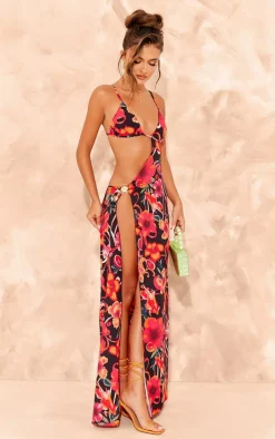 Multi Print Trim Detail Side Cut Out Maxi Dress