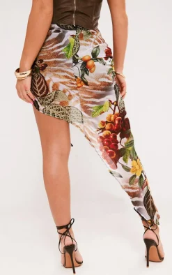 Multi Print Uneven Hem Ruffle Skirt