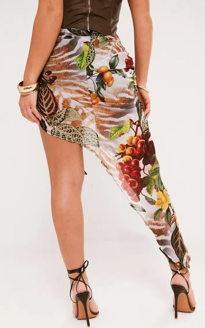 Multi Print Uneven Hem Ruffle Skirt