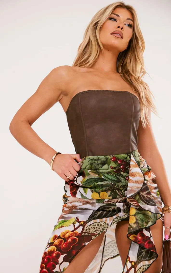 Multi Print Uneven Hem Ruffle Skirt