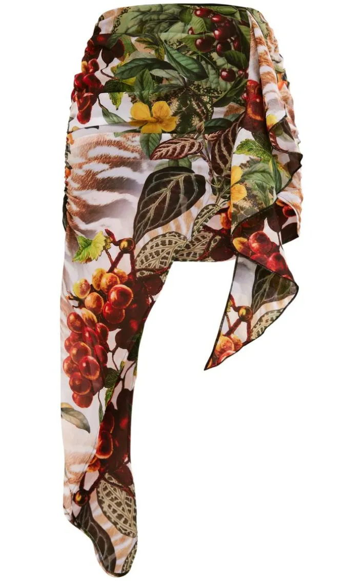 Multi Print Uneven Hem Ruffle Skirt