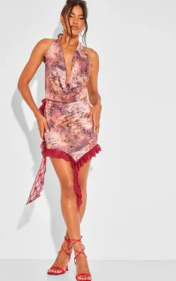Multi Printed Halterneck Frill Detail Mini Dress
