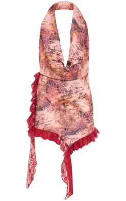 Multi Printed Halterneck Frill Detail Mini Dress