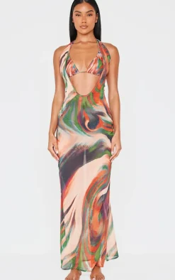Multi Printed Chiffon Deep Plunge Maxi Beach Dress
