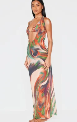 Multi Printed Chiffon Deep Plunge Maxi Beach Dress