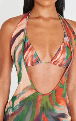 Multi Printed Chiffon Deep Plunge Maxi Beach Dress