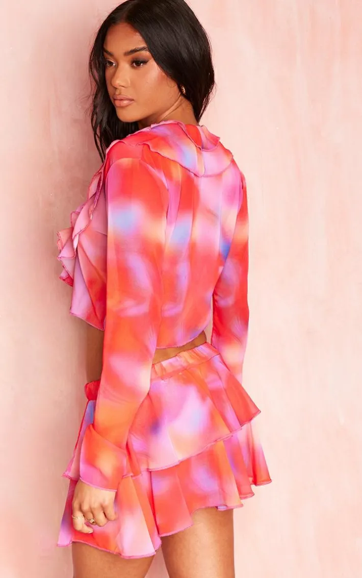 Multi Printed Chiffon Frill Tie Front Beach Top