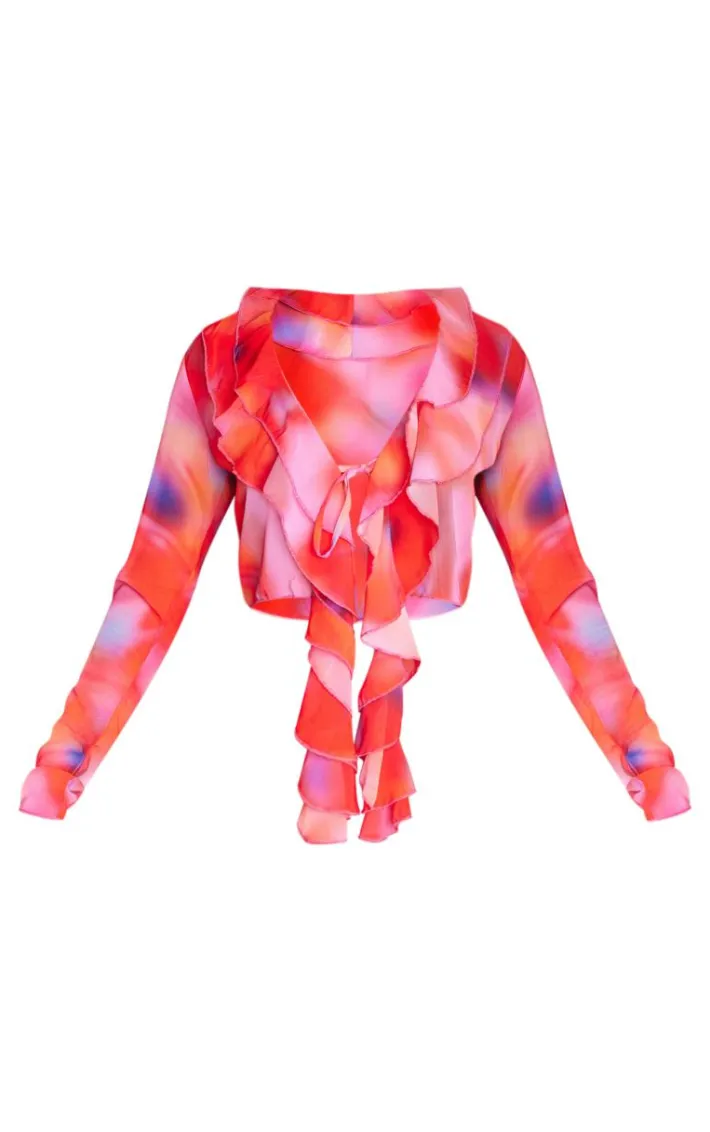 Multi Printed Chiffon Frill Tie Front Beach Top