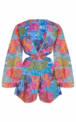 Multi Printed Chiffon Twist Front Long Sleeve Romper