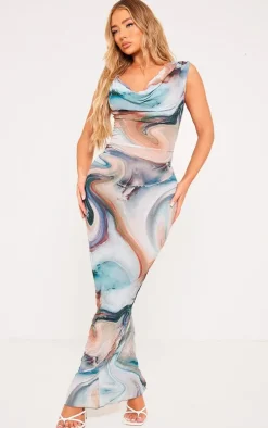 Multi Printed Crinkle Mesh Cowl Neck Midi Dress