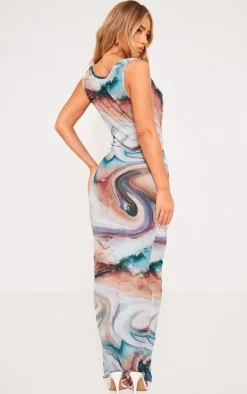 Multi Printed Crinkle Mesh Cowl Neck Midi Dress