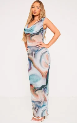 Multi Printed Crinkle Mesh Cowl Neck Midi Dress