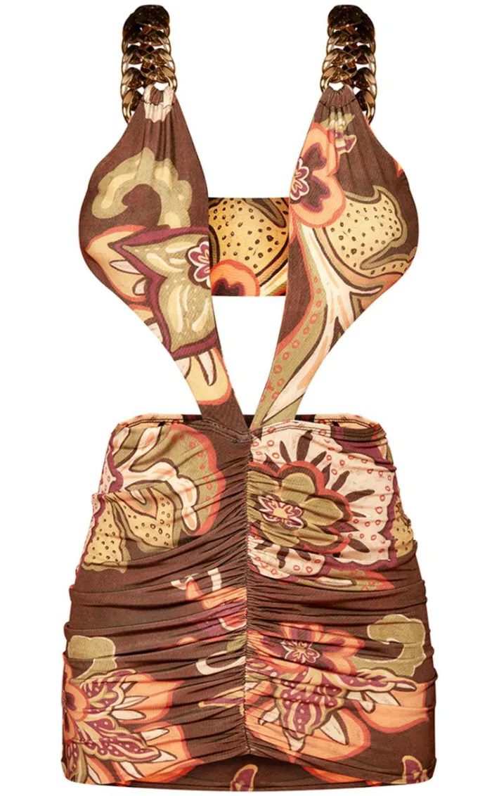 Multi Printed Double Layer Slinky Chain Plunge Bodycon Dress