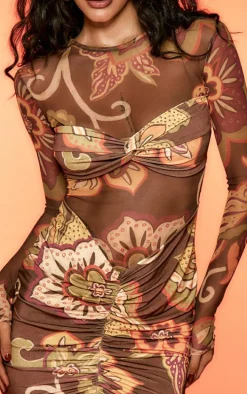 Multi Printed Double Layer Mesh Ruched Detail Bodycon Dress