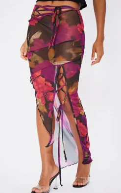 Multi Printed Mesh Asymmetric Hem Maxi Skirt