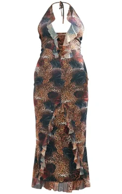 Multi Printed Mesh Halterneck Frill Midaxi Dress