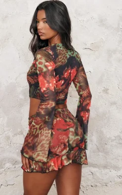 Multi Printed Mesh Long Sleeve Top