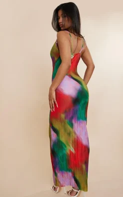 Multi Printed Plisse Strappy Maxi Dress