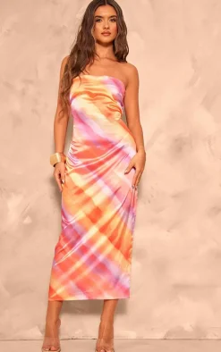 Multi Printed Satin Bandeau Maxi Dress
