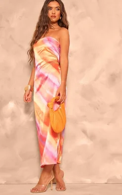 Multi Printed Satin Bandeau Maxi Dress