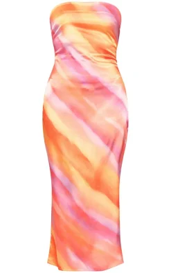 Multi Printed Satin Bandeau Maxi Dress