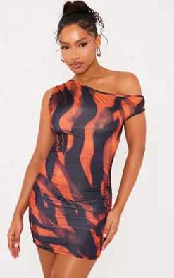 Multi Printed Slinky Bardot One Shoulder Cut Out Mini Dress