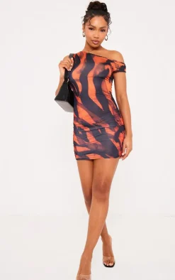 Multi Printed Slinky Bardot One Shoulder Cut Out Mini Dress