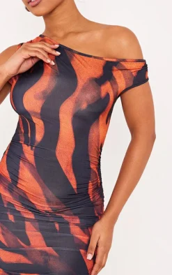 Multi Printed Slinky Bardot One Shoulder Cut Out Mini Dress