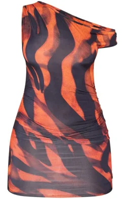 Multi Printed Slinky Bardot One Shoulder Cut Out Mini Dress