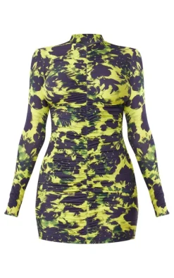 Multi Printed Slinky High Neck Ruched Long Sleeve Bodycon Dress