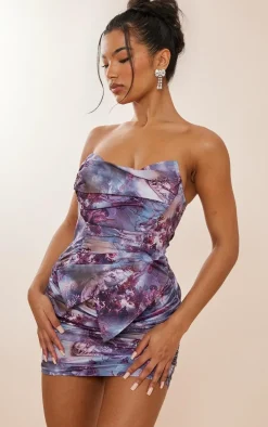 Multi Renaissance Print Asymmetric Pointed Hem Bodycon Dress