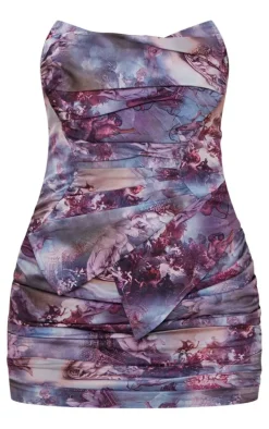 Multi Renaissance Print Asymmetric Pointed Hem Bodycon Dress