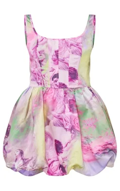 Multi Renaissance Print Strappy Corset Puff Ball Dress