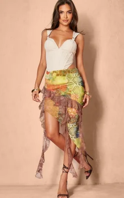 Multi Renaissance Printed Lined Mesh Asymmetric Lace Trim Midi Skirt