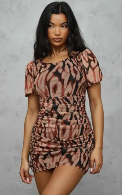 Multi Ruched Bodice Volume Sleeve Leopard Print Mini Dress