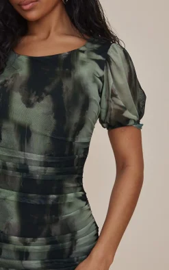 Multi Ruched Bodice Volume Sleeve Blur Print Mini Dress