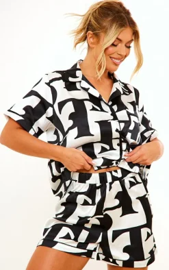 Multi Satin Printed Piping Shorts Pajama Set