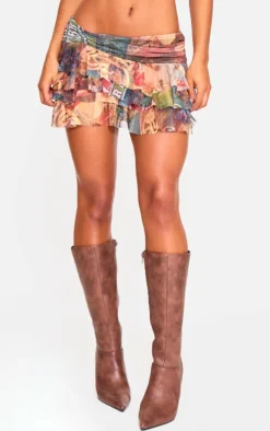Multi Scenic Collage Printed Mesh Frilly Low Waist Mini Skirt