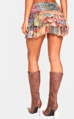 Multi Scenic Collage Printed Mesh Frilly Low Waist Mini Skirt