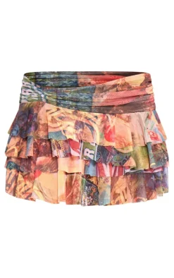 Multi Scenic Collage Printed Mesh Frilly Low Waist Mini Skirt