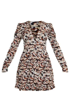 Multi Smudge Print Puff Sleeve Frill Hem Tea Dress